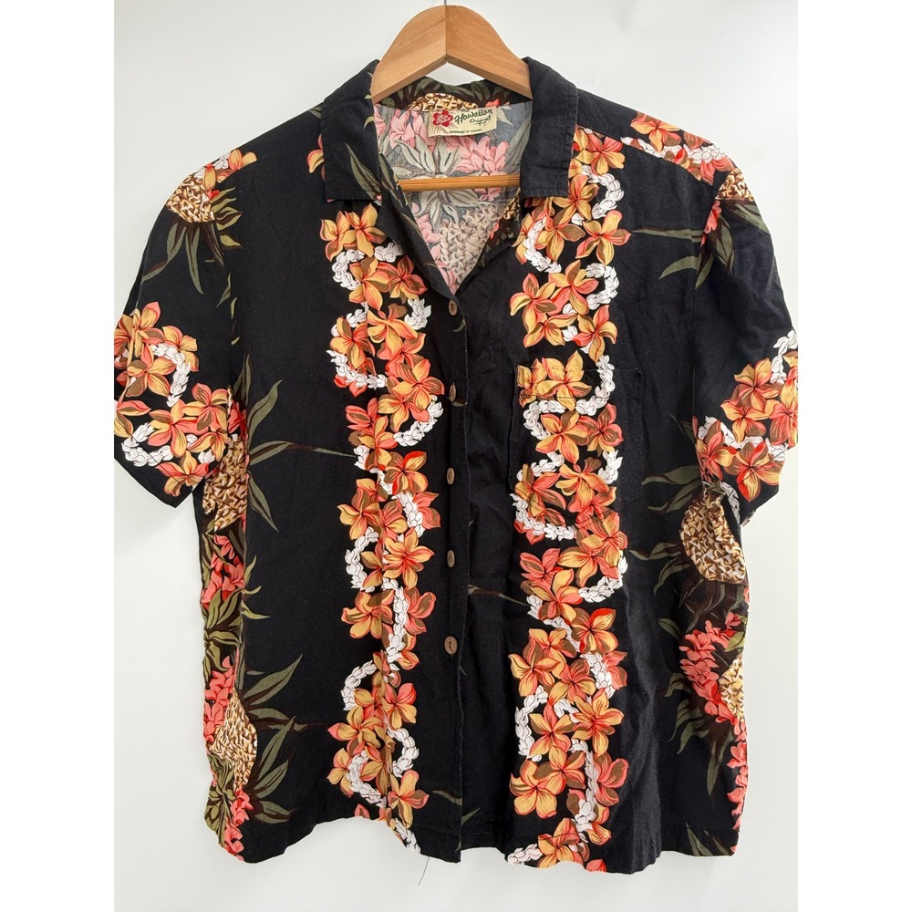 Vintage Hilo Hatties Hawaiian Shirt Large Rayon Black Floral Lei Aloha